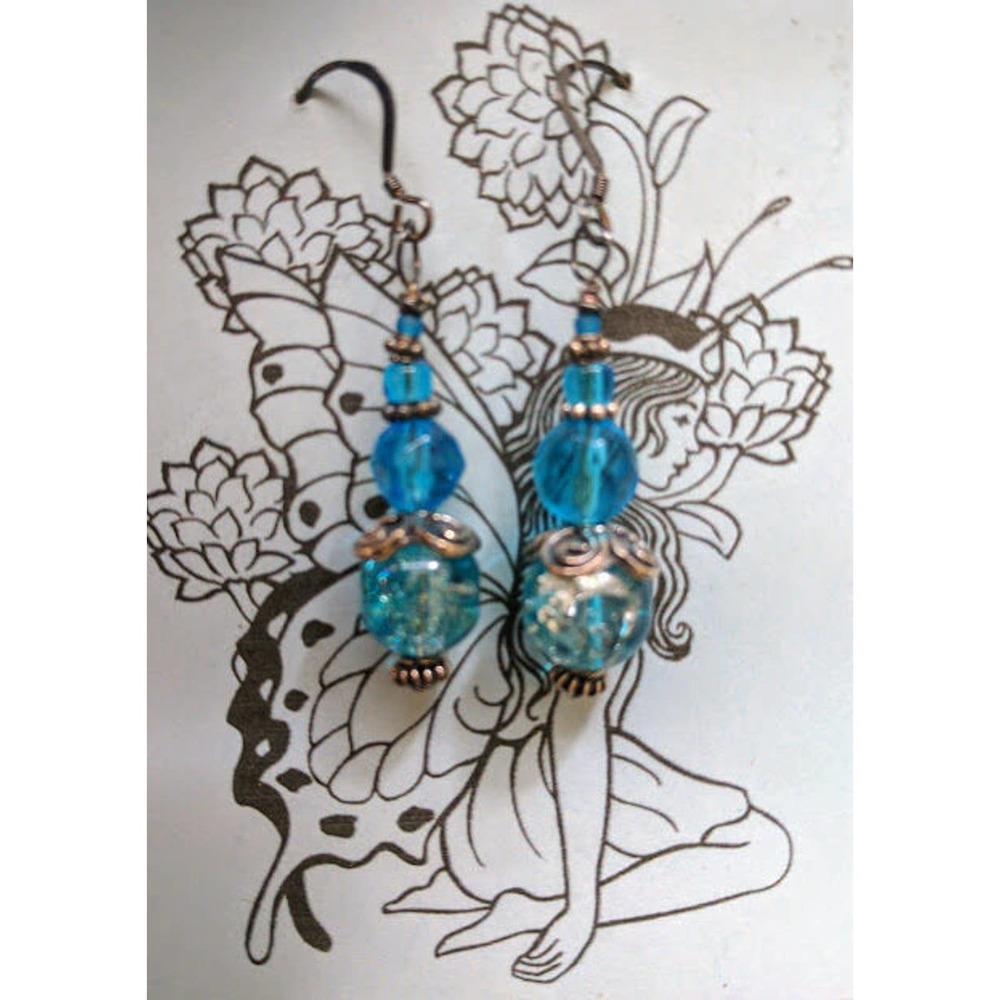 Hand Beaded Earrings w/ Crystal, Glass, Semi Precious Stone Silver & Sea Blue